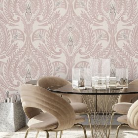 Carta da parati con scarabei ed elementi decorativi astratti ambientata in una sala da pranzo