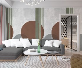 soggiorno moderno con sfondo di carta da parati astratta e geometrica