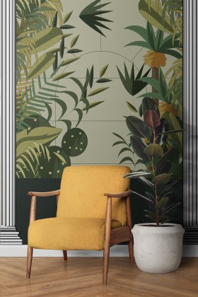 Una sedia e una pianta con sfondo di carta da parati tropicale illustrata